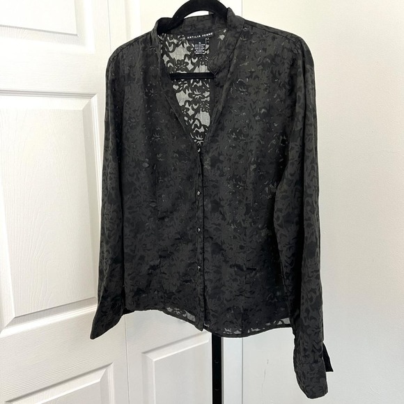 Antilia Femme Women's Black Long Sleeve Semi Sheer Button-Up Top - Picture 6 of 6